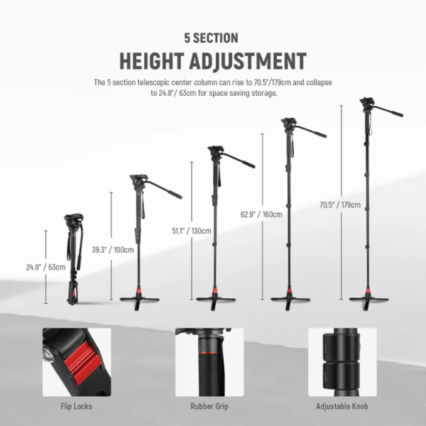 NEEWER GM76 179cm Professional Camera Monopod With Fluid Head