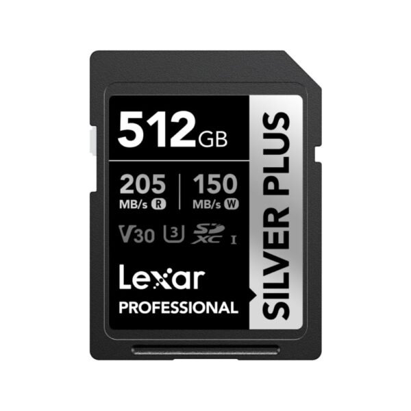 512 GB Lexar Professional Silver Plus memory card with read speeds ~205 MB/s and 150 MB/s