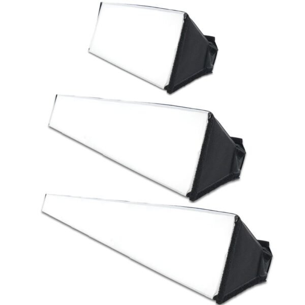 Three white rectangular sanding blocks with black angled ends, arranged diagonally on a white background.