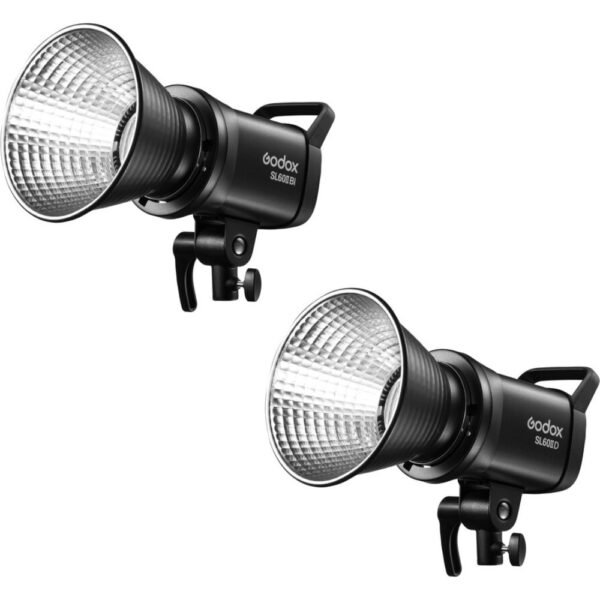 Two Black Godox Studio Flash Heads with Large Silver Reflectors Set Against a White Background.